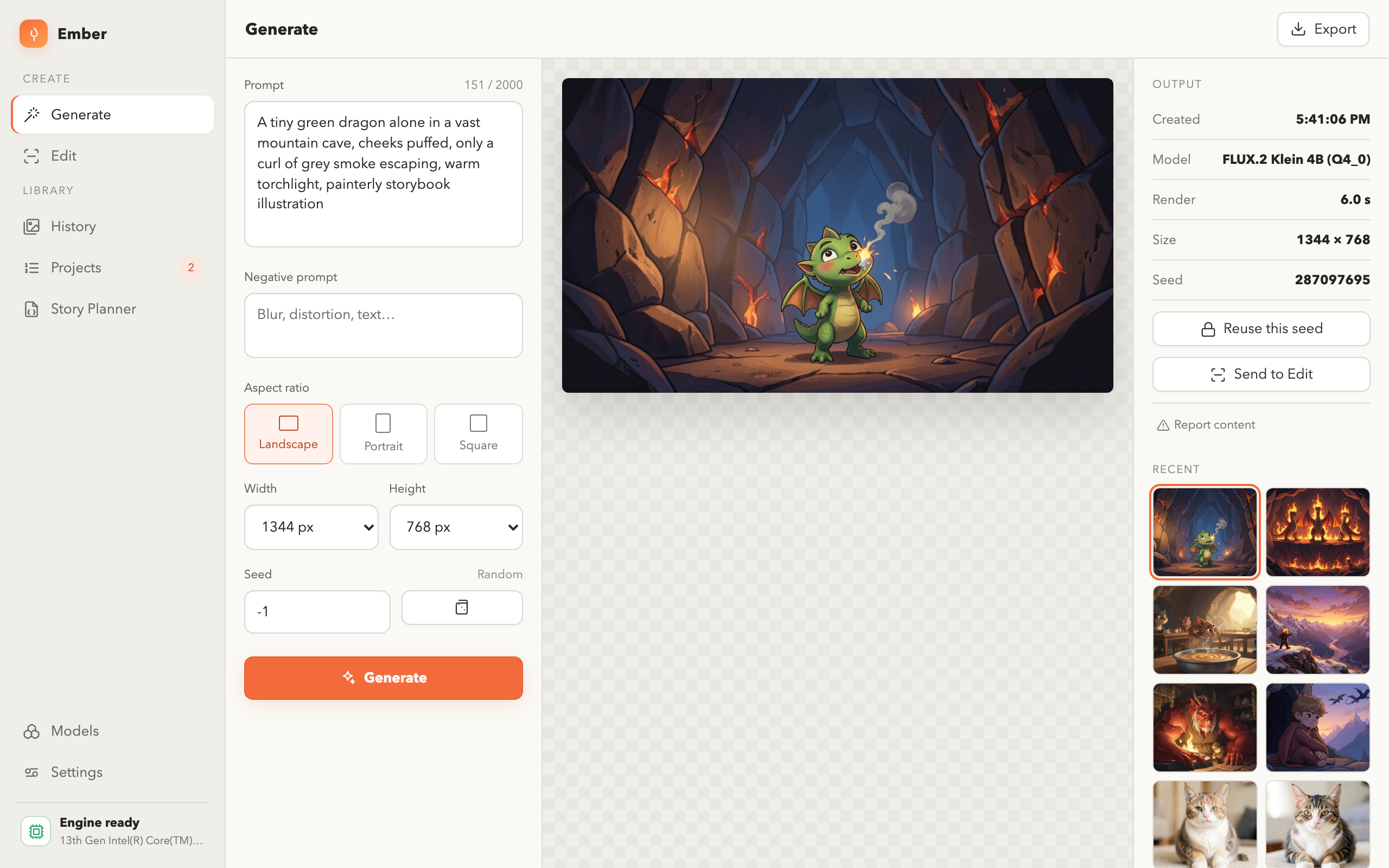 Ember's generate screen: a written description on the left with aspect ratio and seed controls, and the finished picture on the right