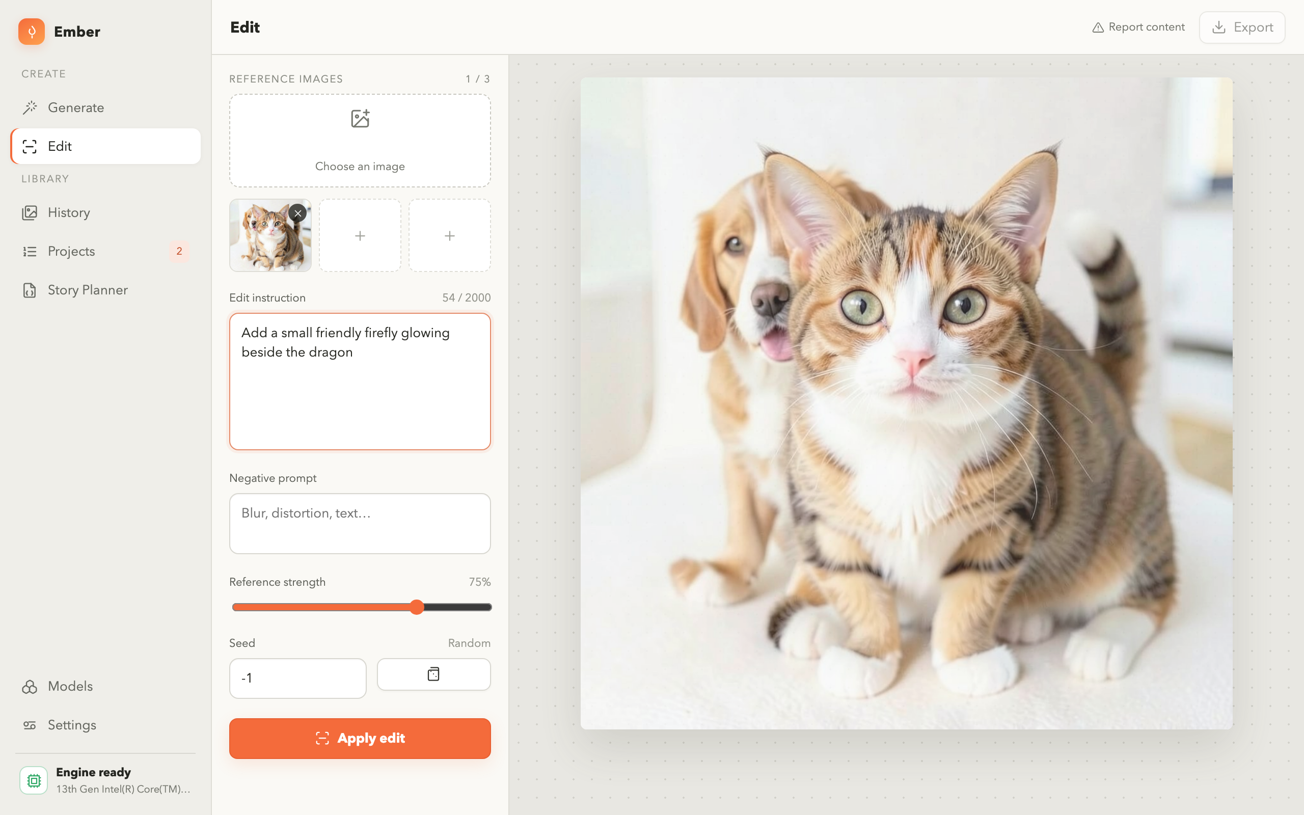 Ember's edit screen with a reference image loaded and an instruction describing the change to make