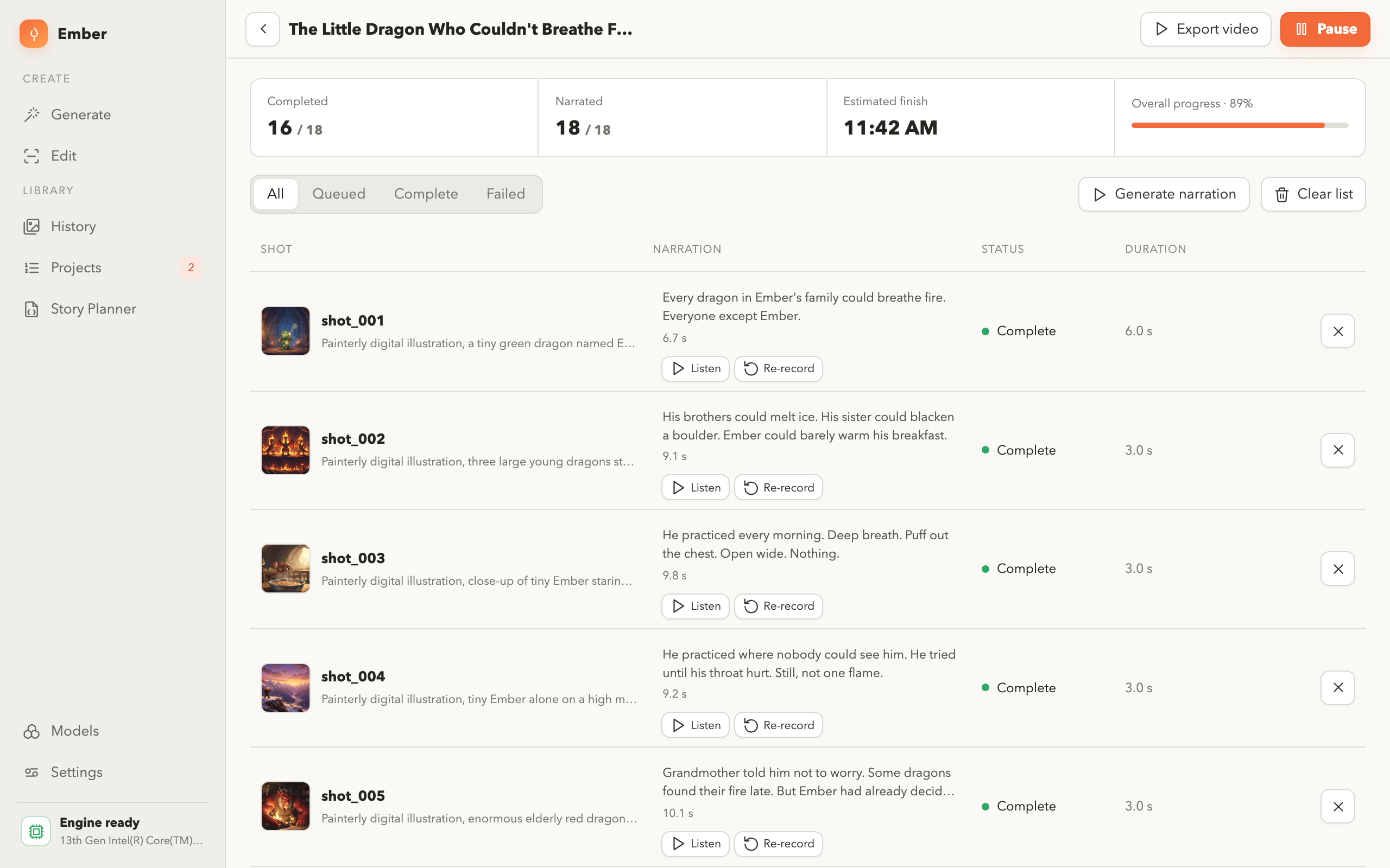 A project in Ember listing each shot with its thumbnail, narration line and render status