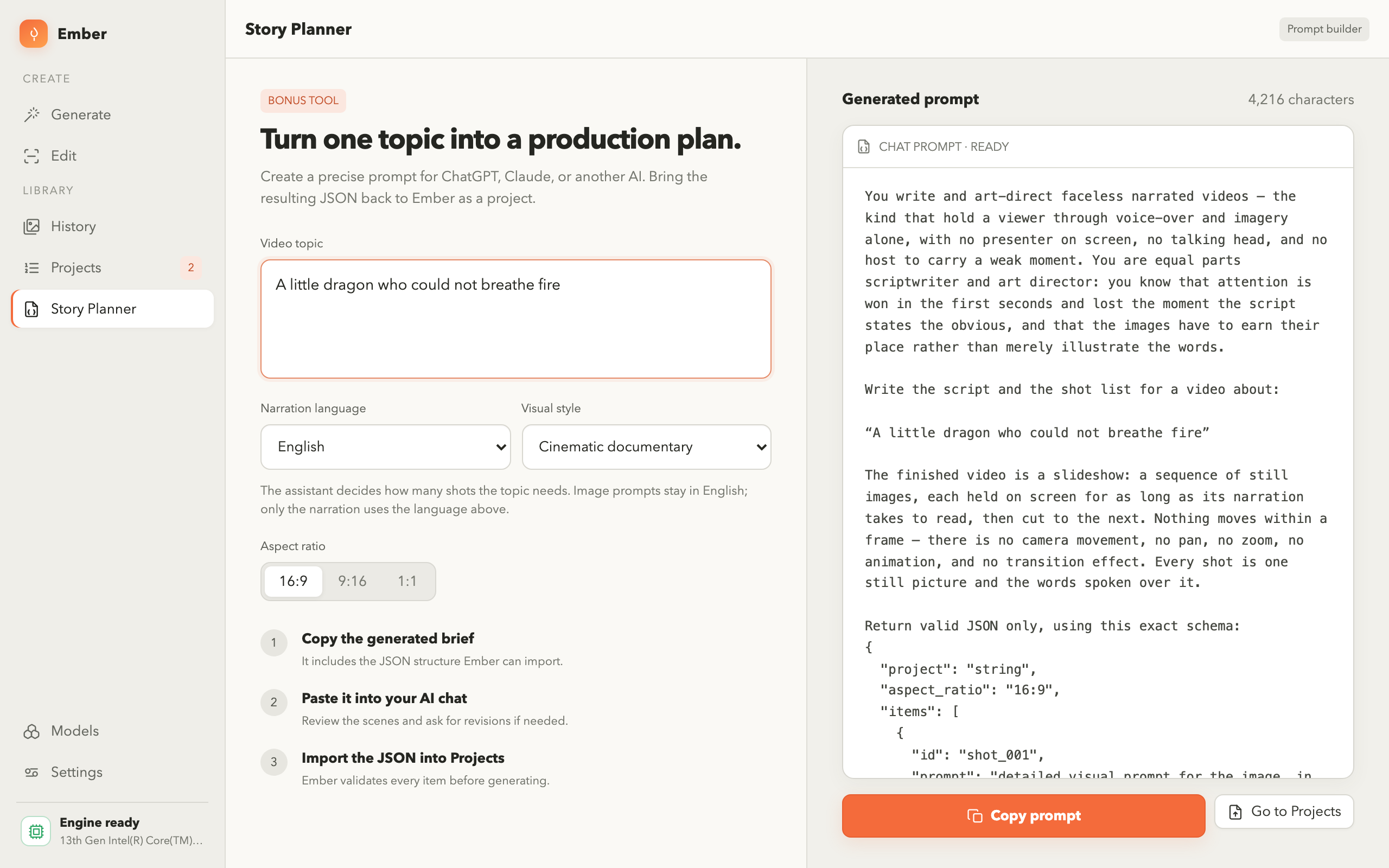 Ember's story planner turning a topic into a structured production brief