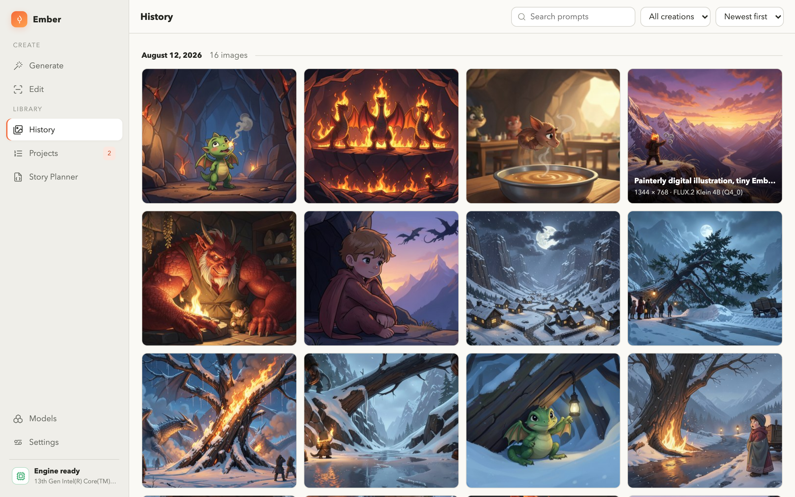 Ember's history screen showing past generations as a searchable grid of thumbnails