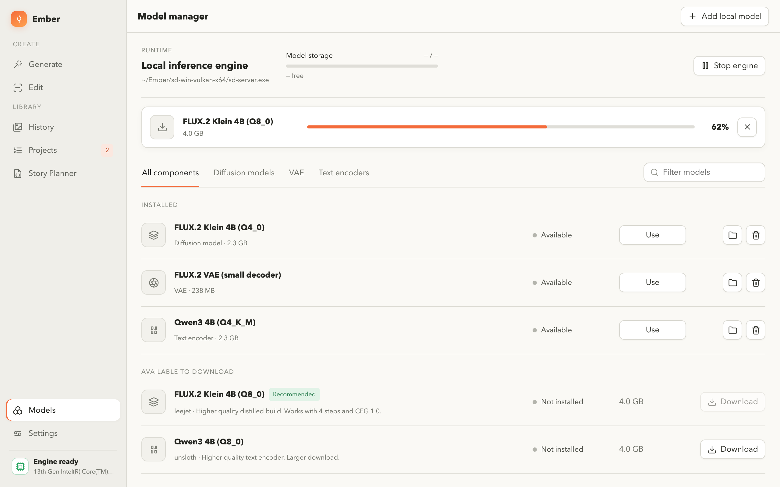 Ember's models screen listing installed model components with sizes and an option to register files already on disk